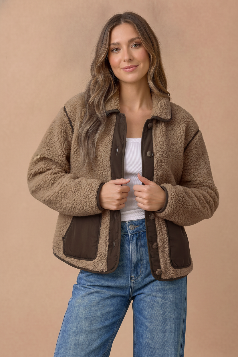 Pick Up - Loose Fit Sherpa Fleece Color Block Jacket