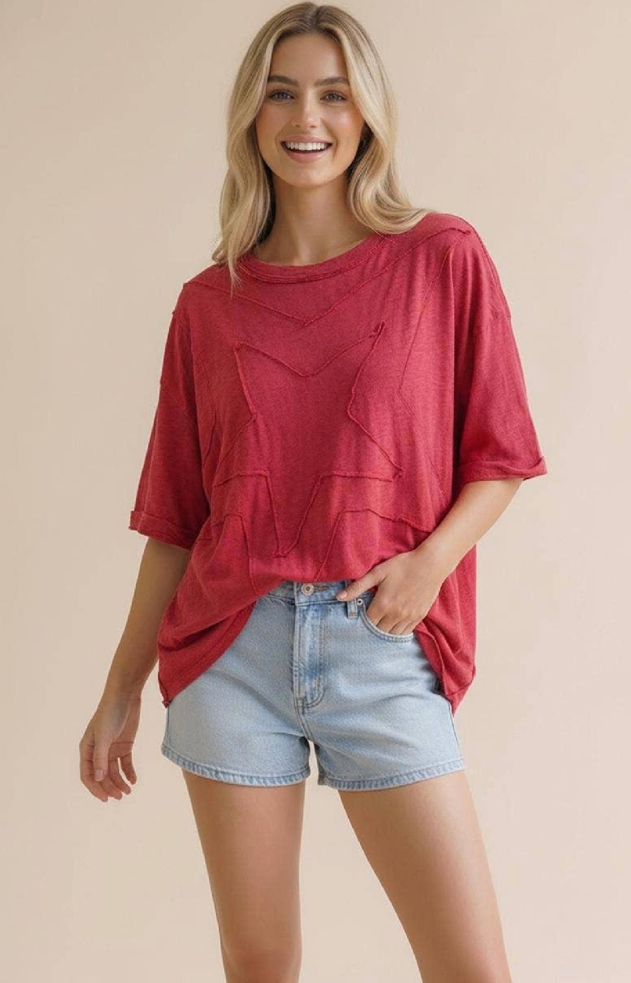 Pick Up - Game Day Monochromatic Red Star Patchwork Top