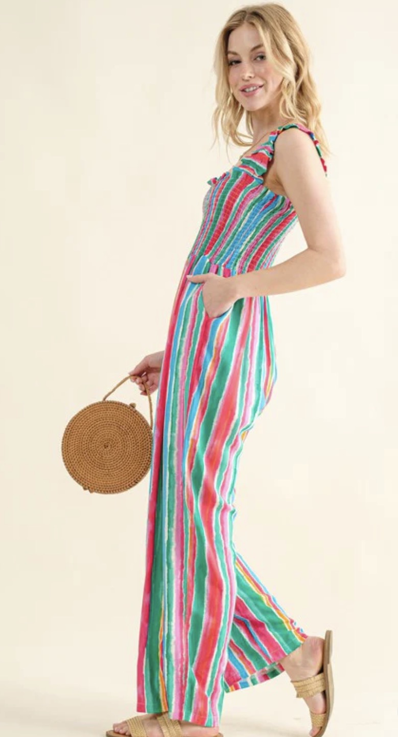 Pick Up - Stripe Smocked Jumpsuit