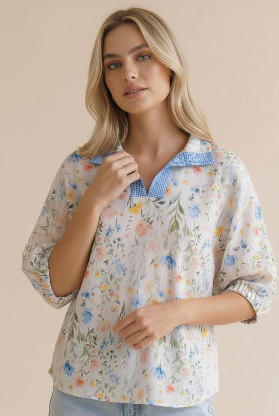 Pick Up - Gingham Detail Floral Dolman Sleeve Top