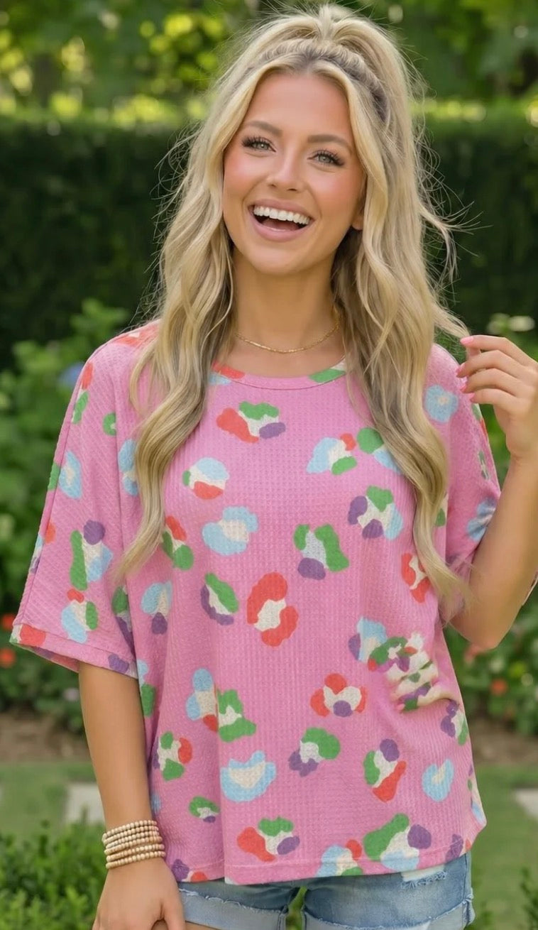 Pick Up - WAFFLE KNIT COLORFUL PRINT OVERSIZED TOP
