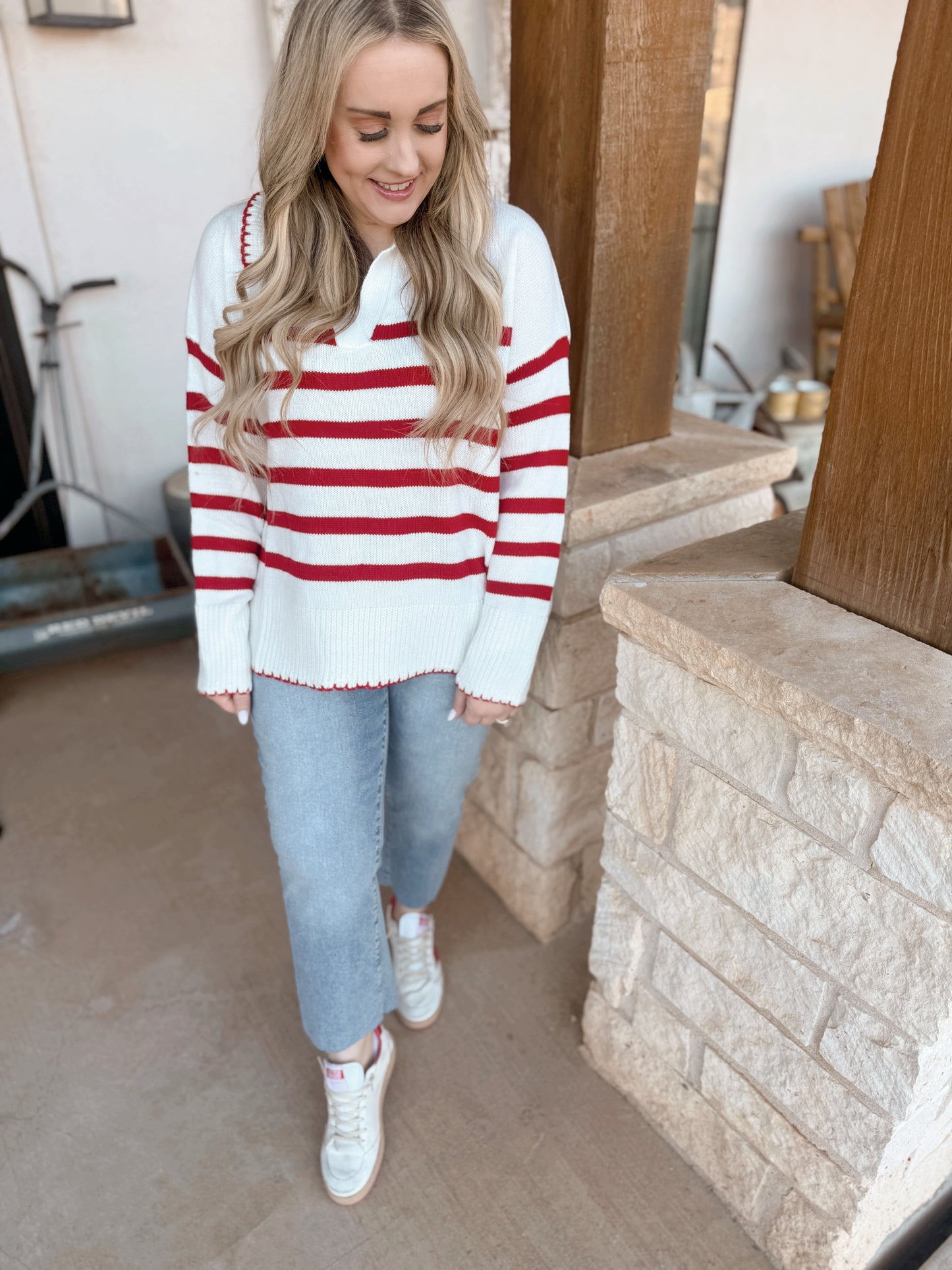 Pick Up - Game Day Red and Ivory Striped Sweater
