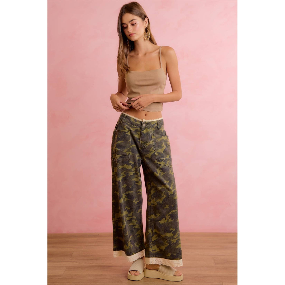 Pick Up - CAMO CROCHET LACE TRIM RELAXED STRAIGHT WIDE LEG PANTS