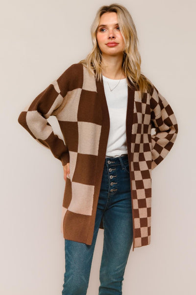 Pick Up - MOCHA CHECKER BOARD PATTERN CARDIGAN SWEATER