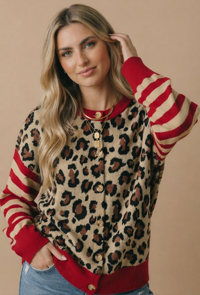 Pick Up - Striped Leopard Jacquard Button Cardigan