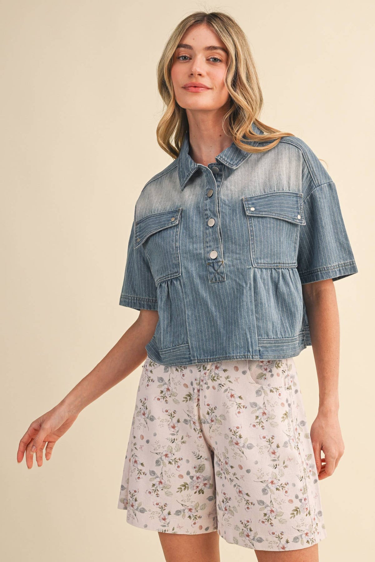 Pick Up - PINSTRIPE DENIM CROPPED BABYDOLL TOP