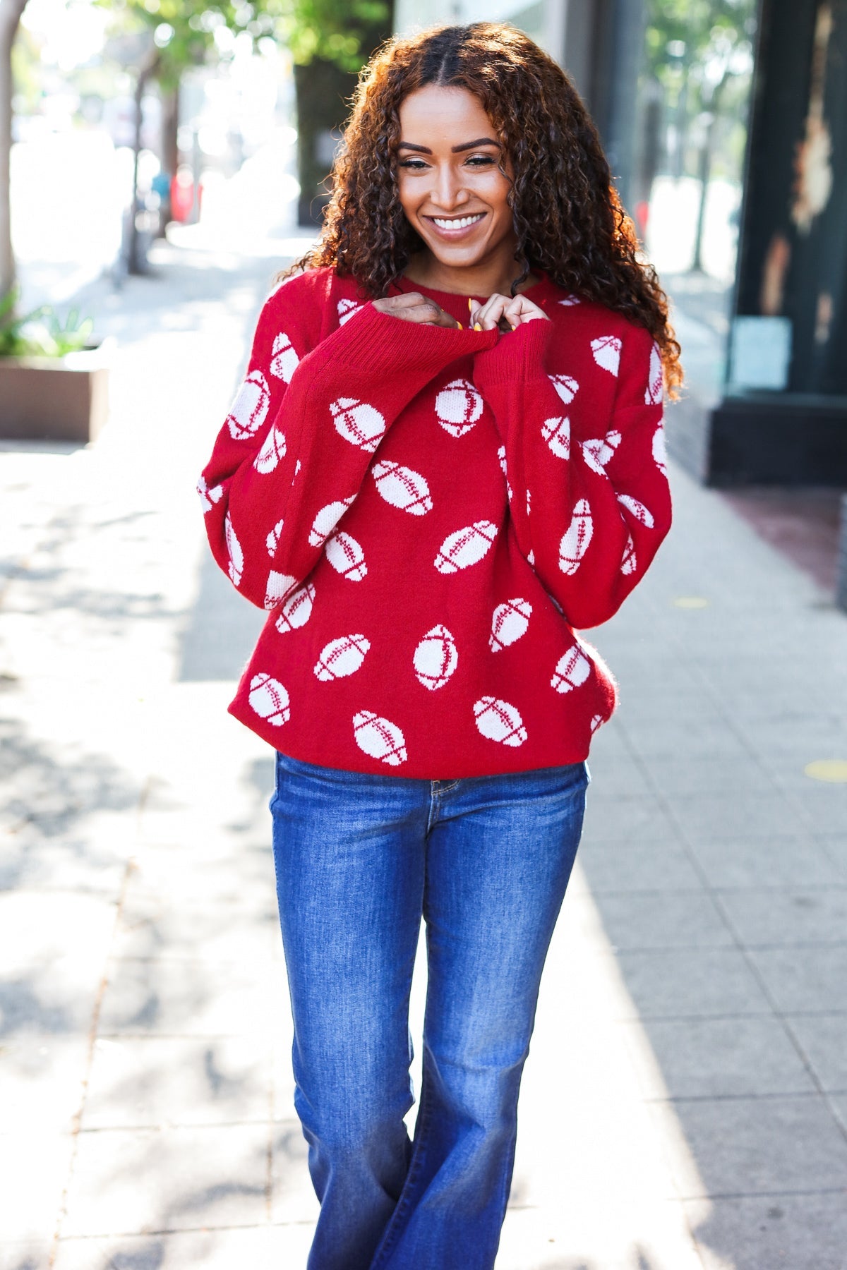 Pick Up - Game Day Red Football Print Jacquard Knit Sweater
