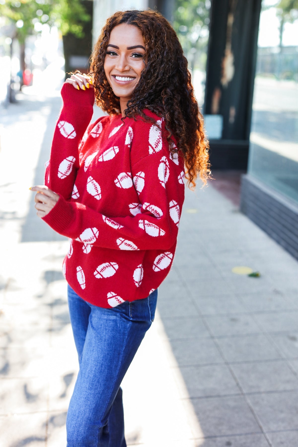 Pick Up - Game Day Red Football Print Jacquard Knit Sweater