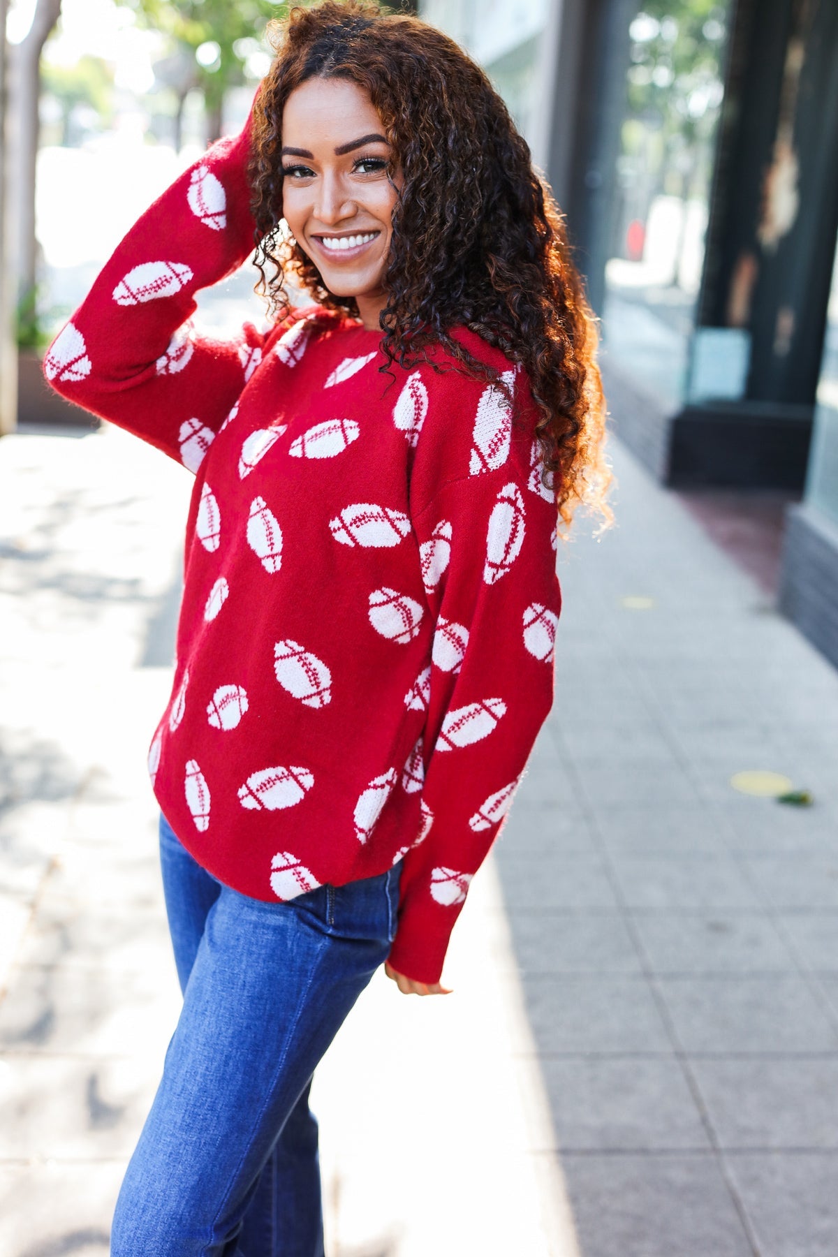 Pick Up - Game Day Red Football Print Jacquard Knit Sweater