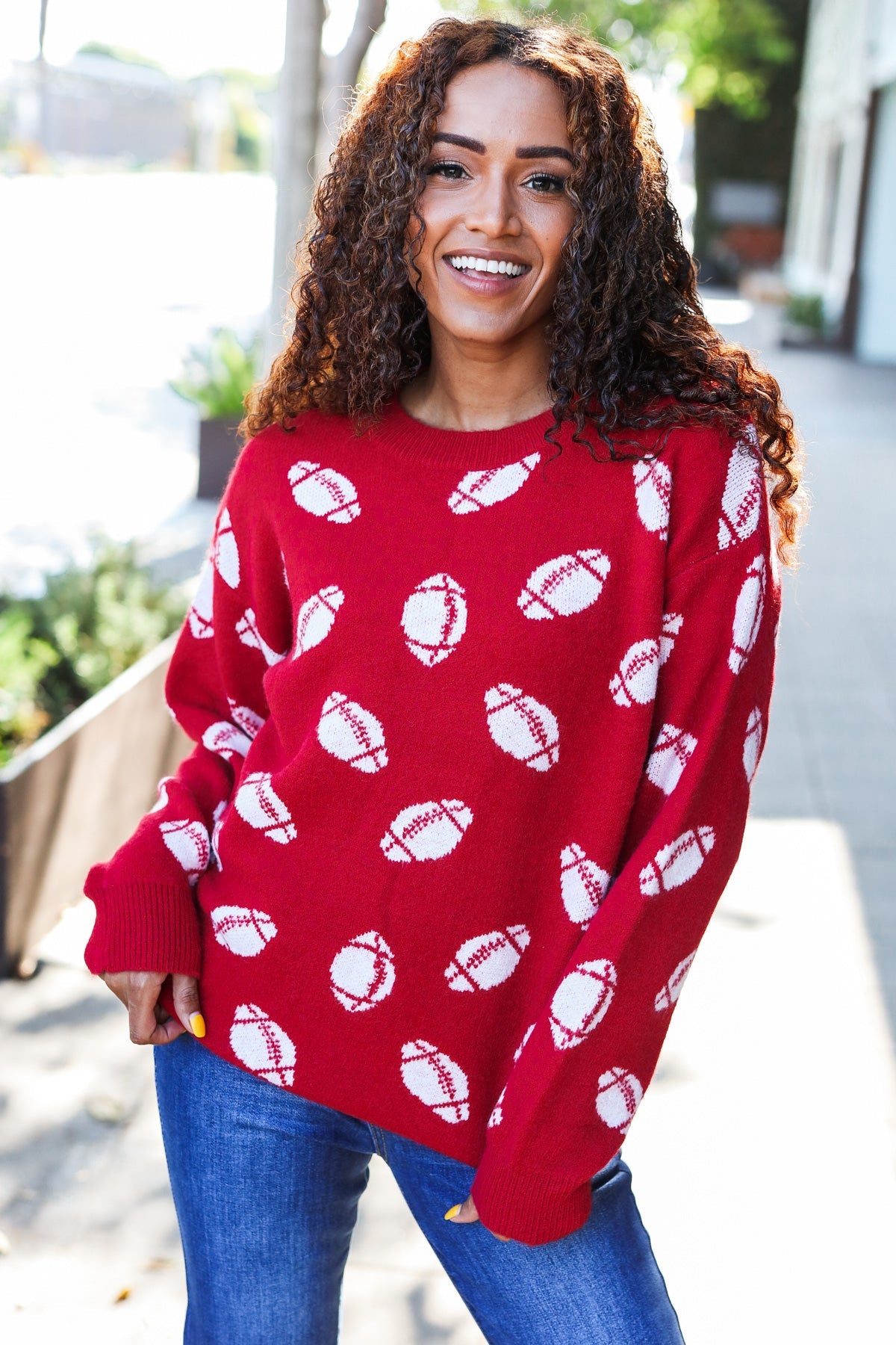 Pick Up - Game Day Red Football Print Jacquard Knit Sweater