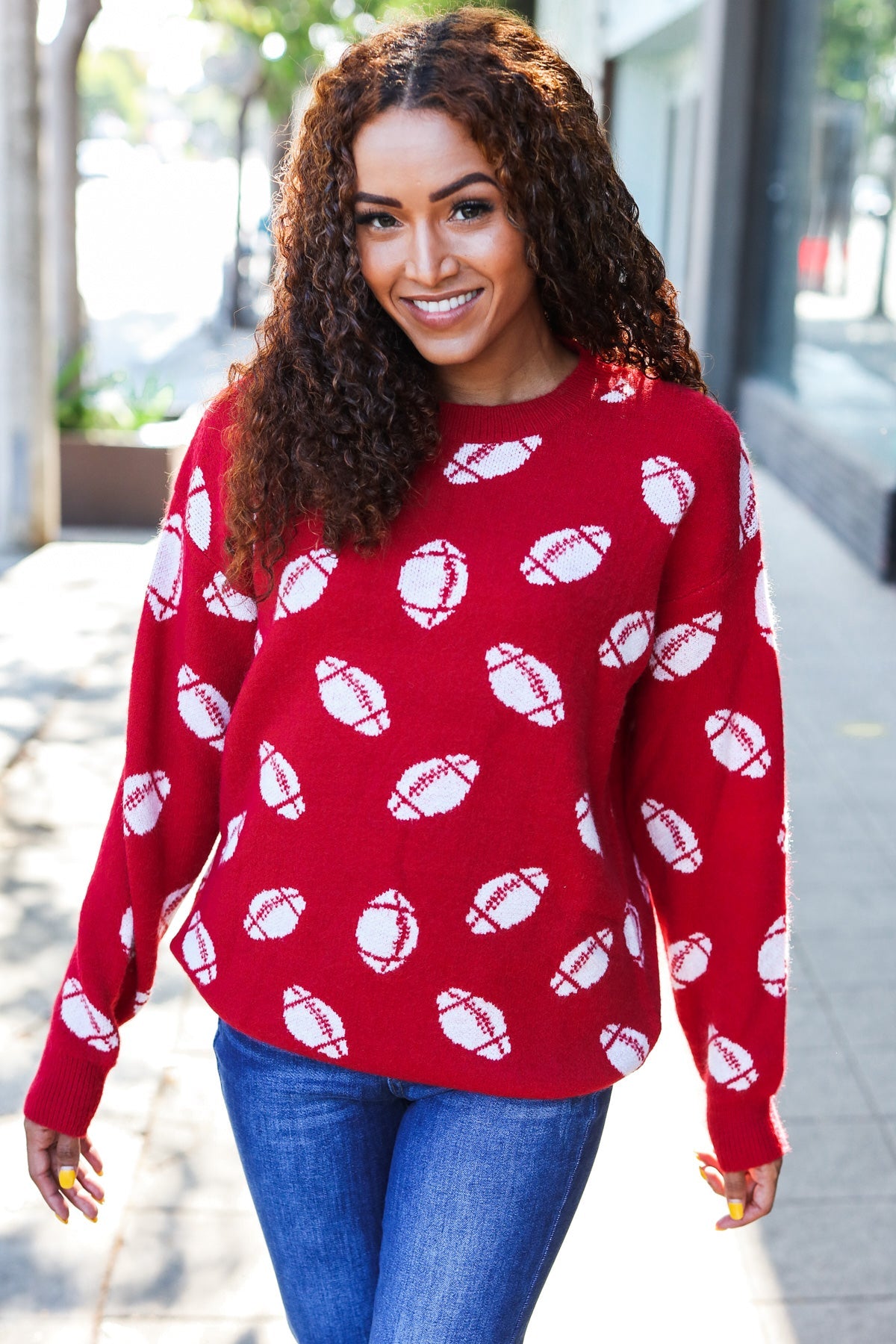 Pick Up - Game Day Red Football Print Jacquard Knit Sweater