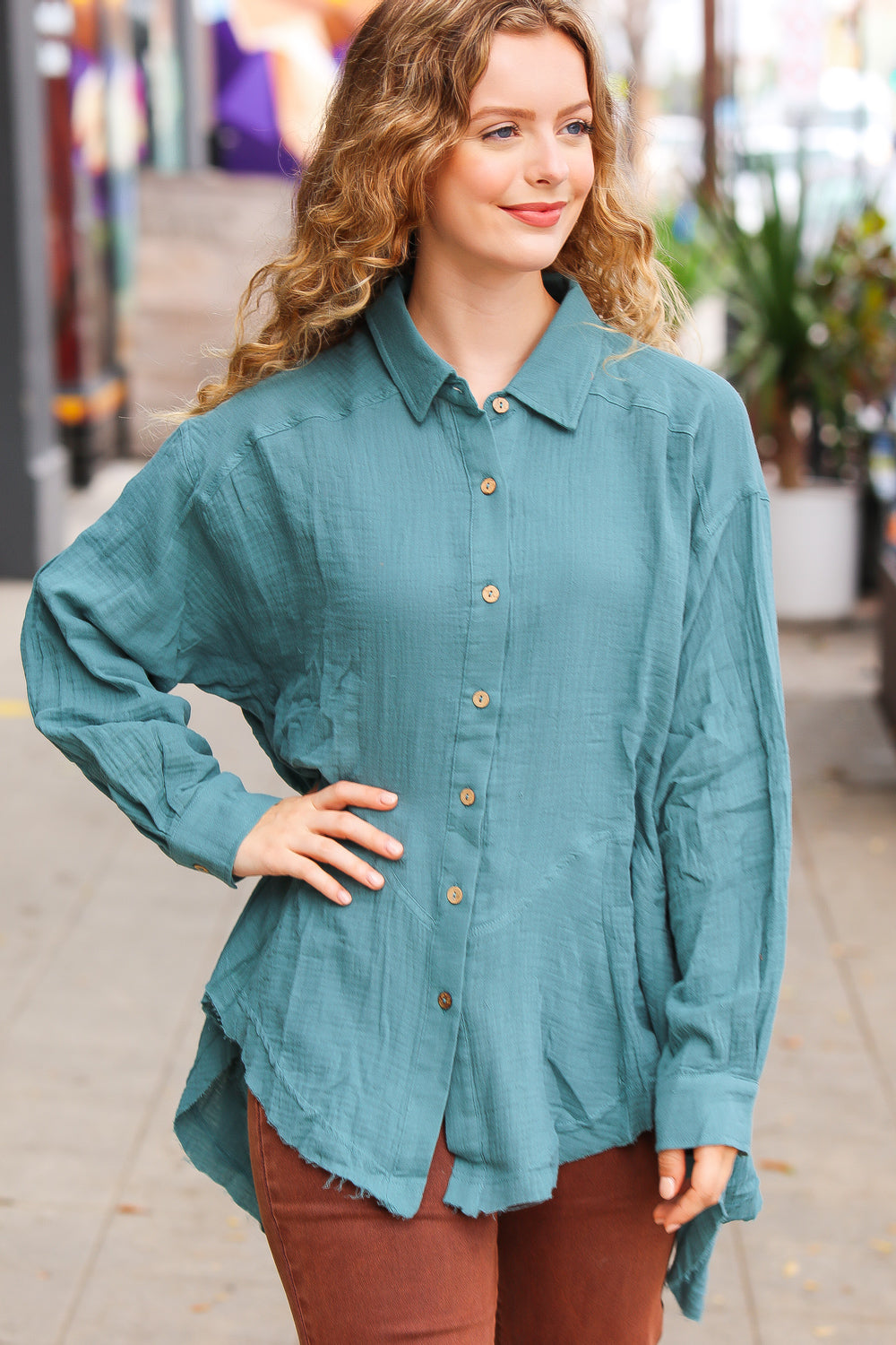 Pick Up - Teal Button Down Sharkbite Cotton Tunic Top