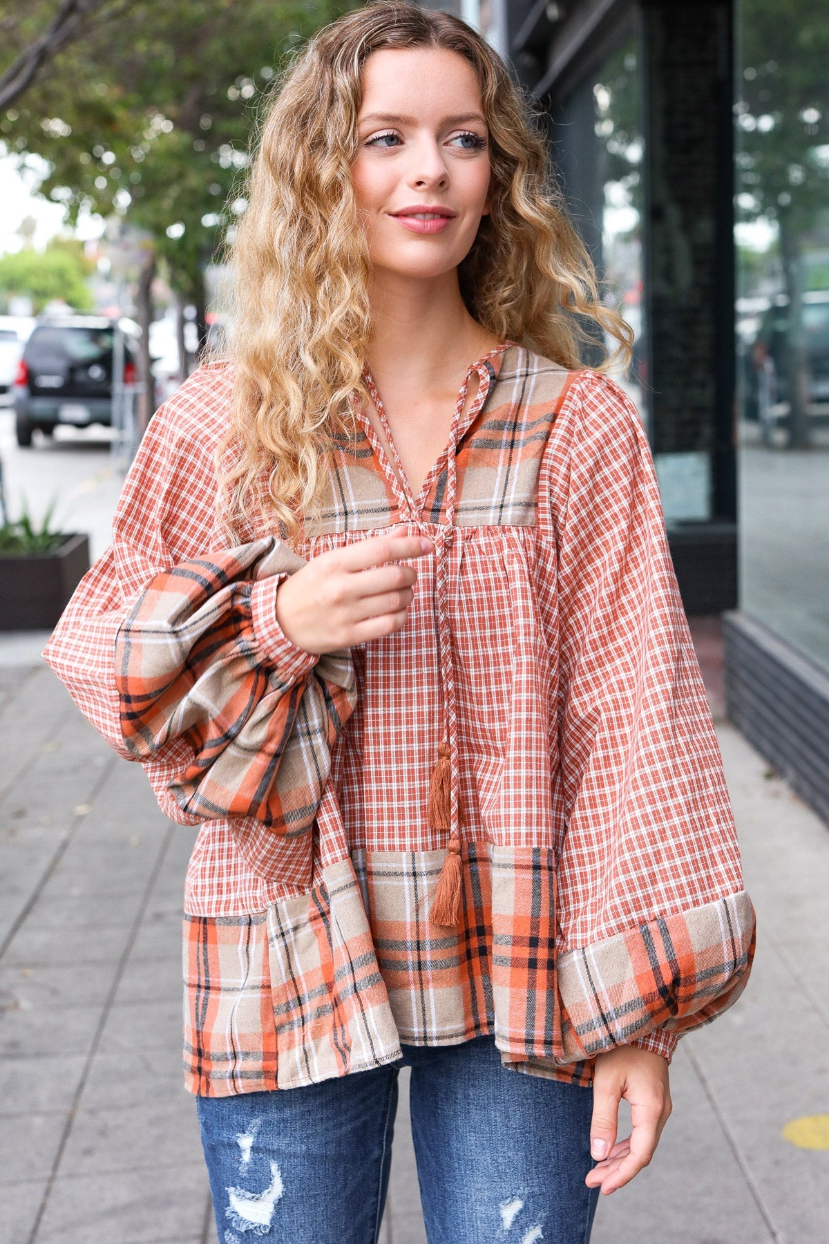 Pick Up - Under Your Spell Rust Plaid Color Block Notch Neck Top