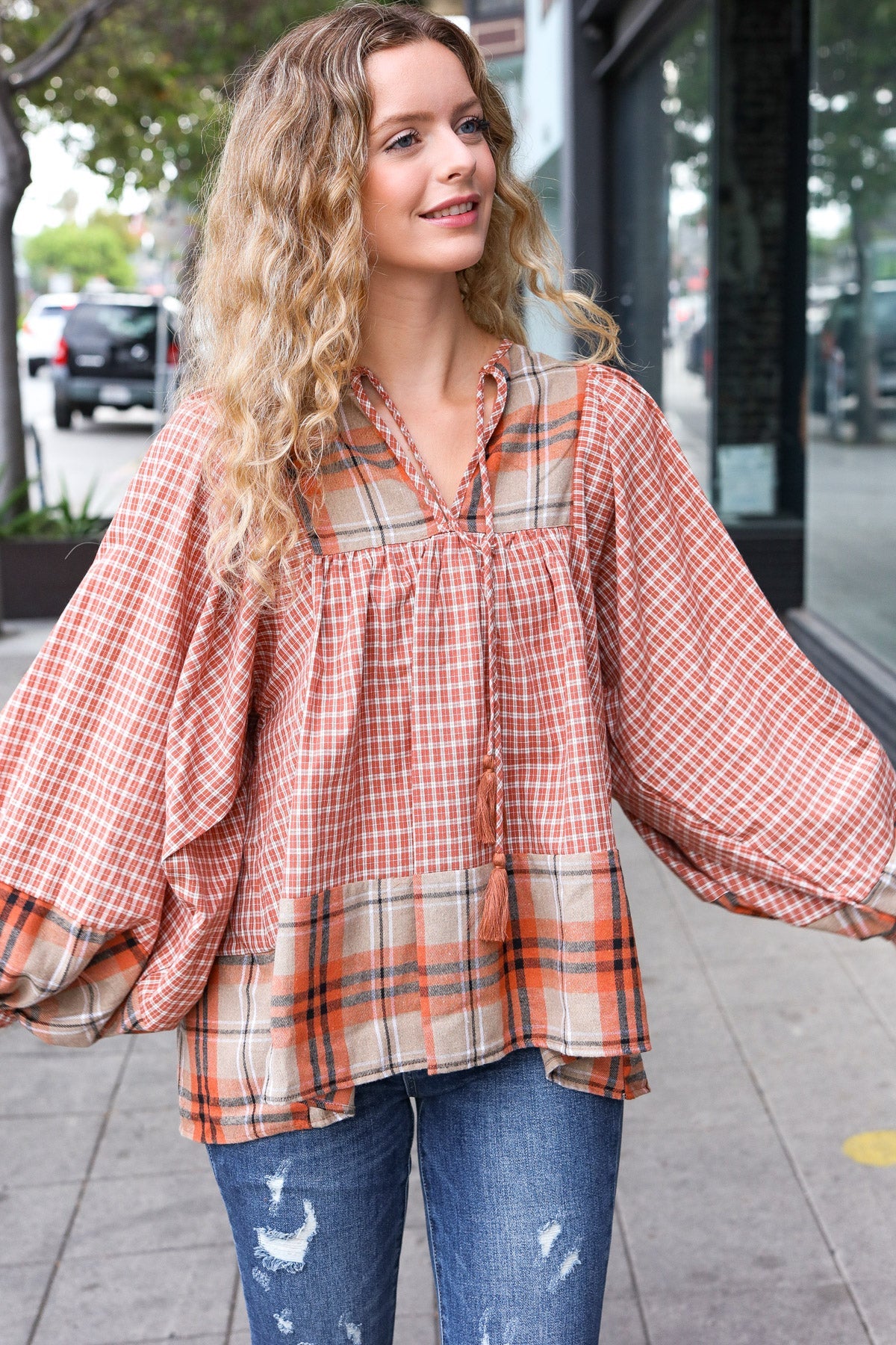 Pick Up - Under Your Spell Rust Plaid Color Block Notch Neck Top