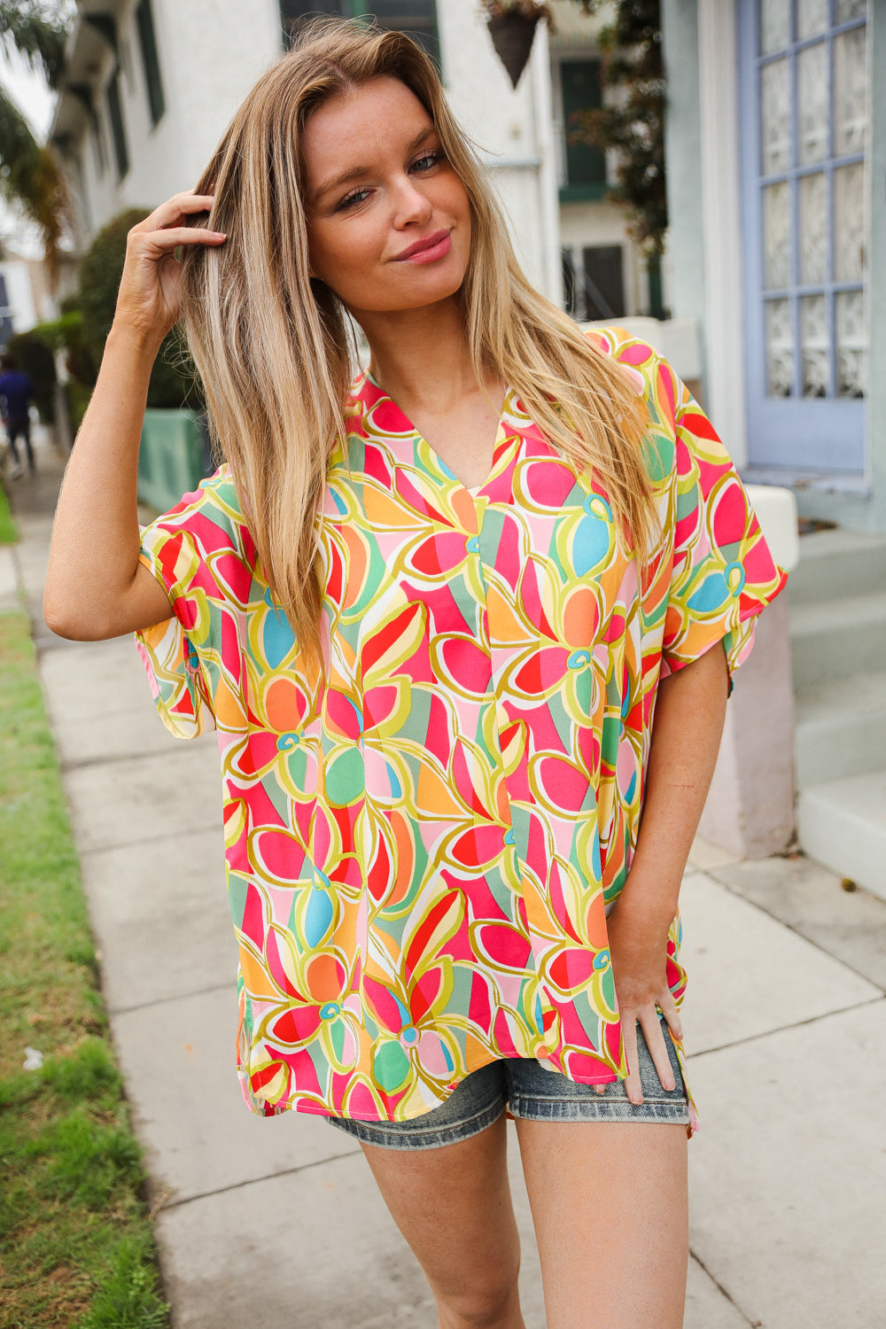 Casual Chic Multicolor Abstract V Neck Dolman Sleeve Top