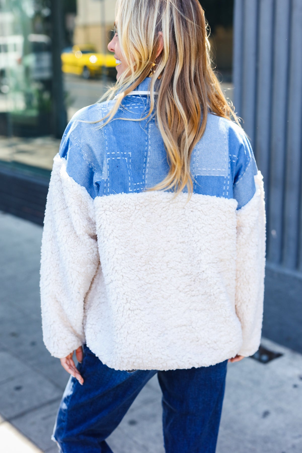 Pick Up - Good Vibes Denim & Ivory Patchwork Sherpa Half Zip Pullover