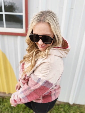 Pick Up - Tried & True Oatmeal & Garnet Plaid Half Zip Puffer Hoodie