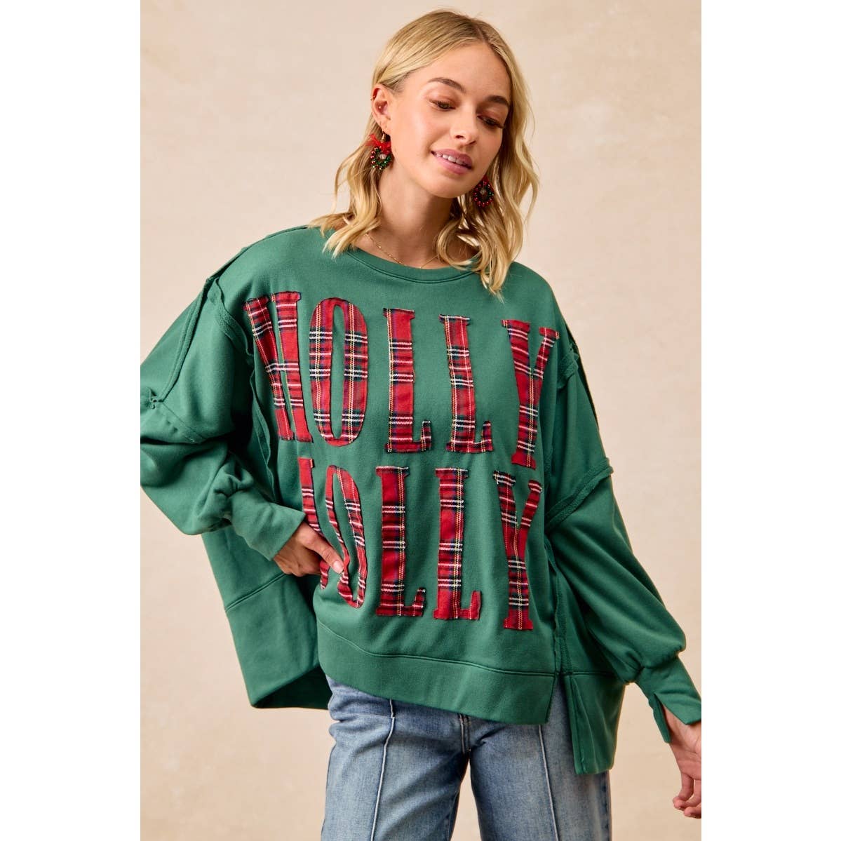 Pick Up - CHRISTMAS PLAID HOLLY JOLLY LETTERING SWEATSHIRT