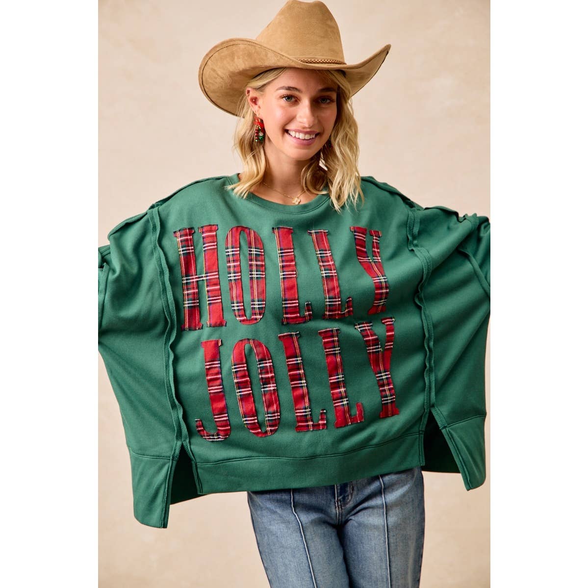 Pick Up - CHRISTMAS PLAID HOLLY JOLLY LETTERING SWEATSHIRT