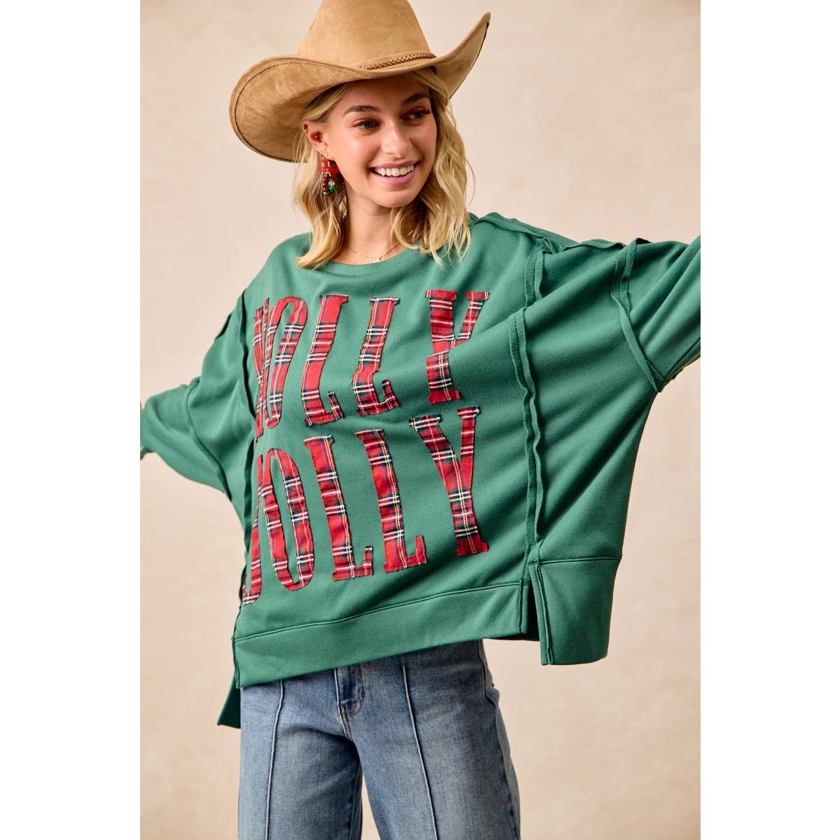 Pick Up - CHRISTMAS PLAID HOLLY JOLLY LETTERING SWEATSHIRT