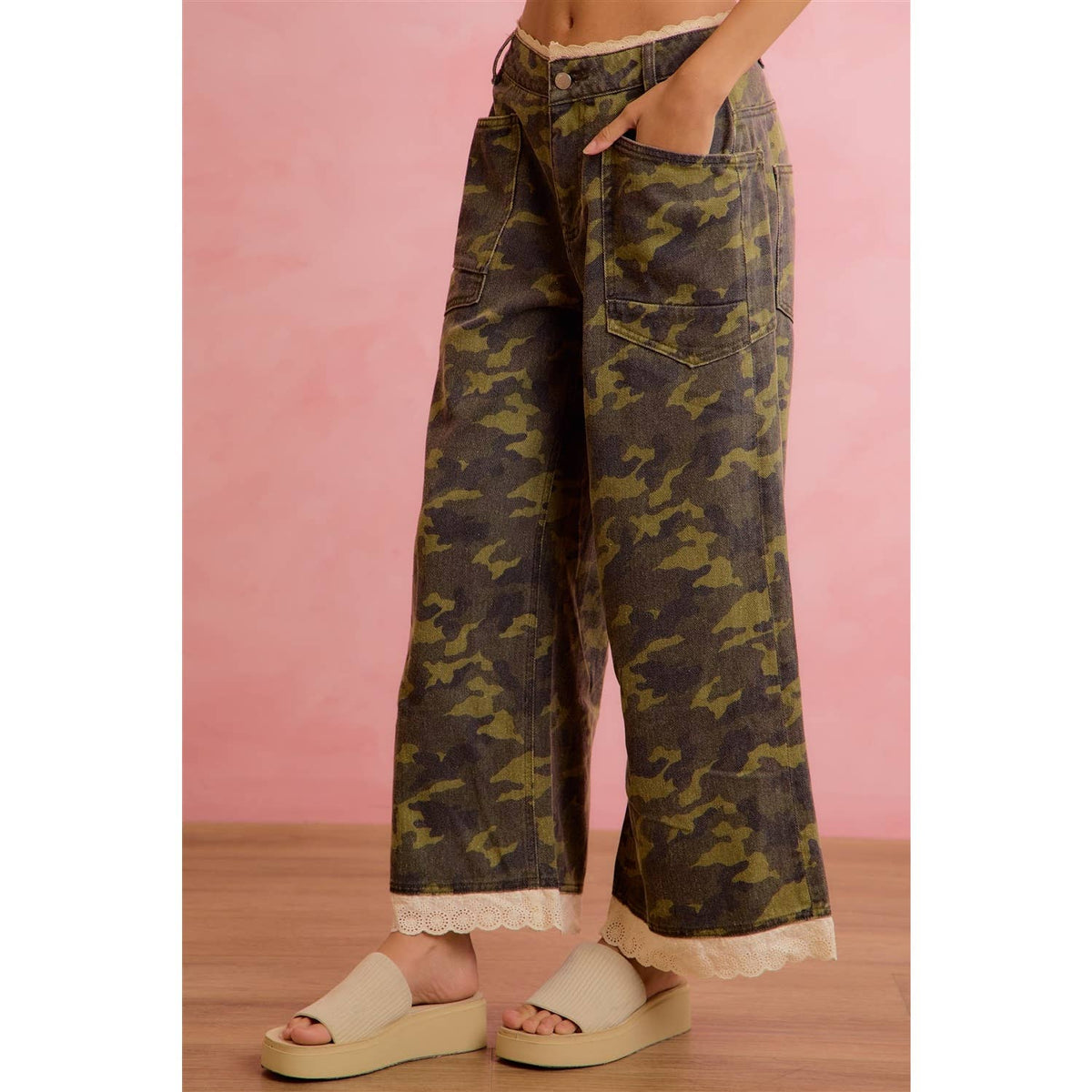 Pick Up - CAMO CROCHET LACE TRIM RELAXED STRAIGHT WIDE LEG PANTS