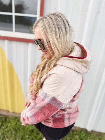 Pick Up - Tried & True Oatmeal & Garnet Plaid Half Zip Puffer Hoodie