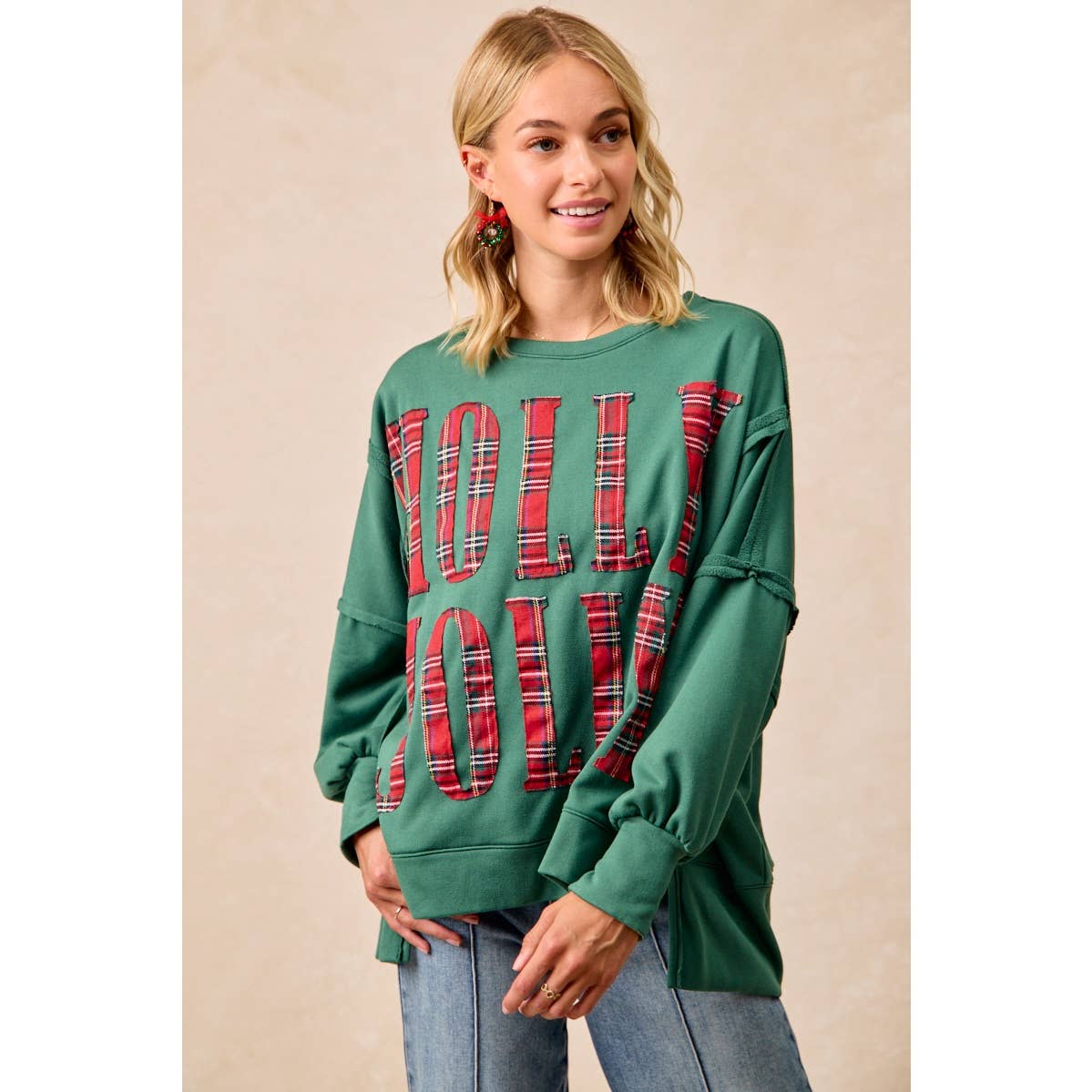 Pick Up - CHRISTMAS PLAID HOLLY JOLLY LETTERING SWEATSHIRT