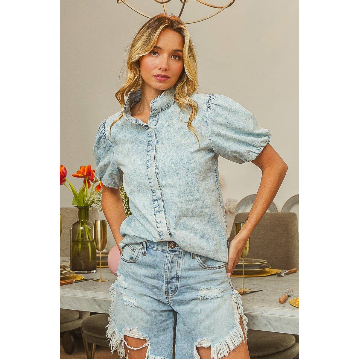 Pick up - MINERAL WASHED BUTTONED UP SHIRT WITH PUFF SLEEVES