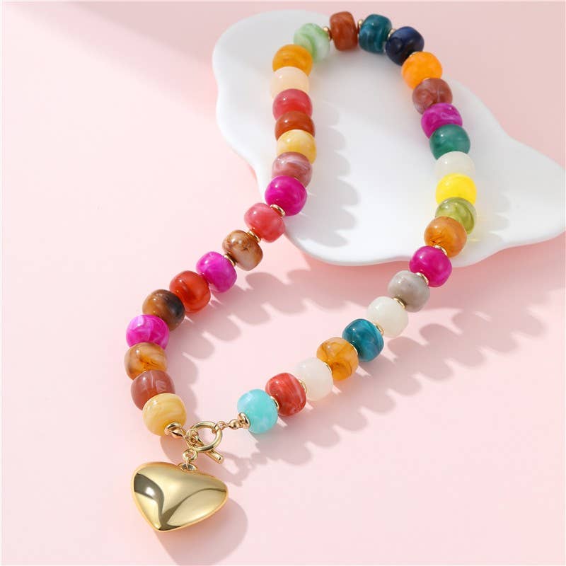 Pick Up - MULTI-COLORED BEADED HEART CHARM TOGGLE NECKLACE
