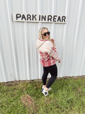 Pick Up - Tried & True Oatmeal & Garnet Plaid Half Zip Puffer Hoodie