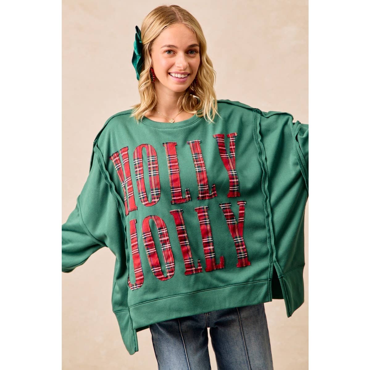 Pick Up - CHRISTMAS PLAID HOLLY JOLLY LETTERING SWEATSHIRT