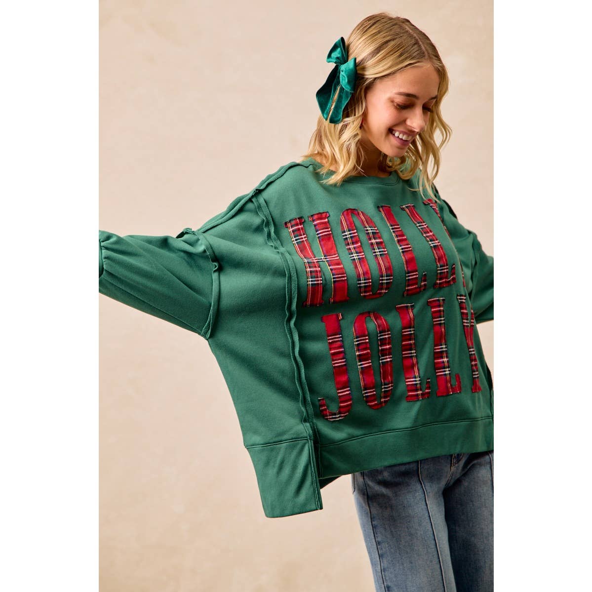 Pick Up - CHRISTMAS PLAID HOLLY JOLLY LETTERING SWEATSHIRT