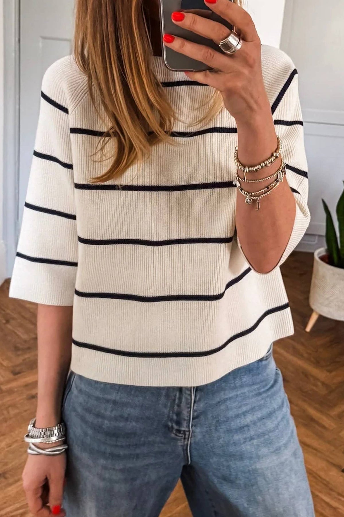 Pick Up - Stripe Ribbed Knit Half Sleeve Loose Sweater
