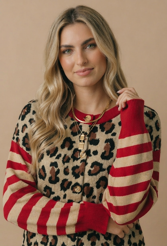 Pick Up - Striped Leopard Jacquard Button Cardigan