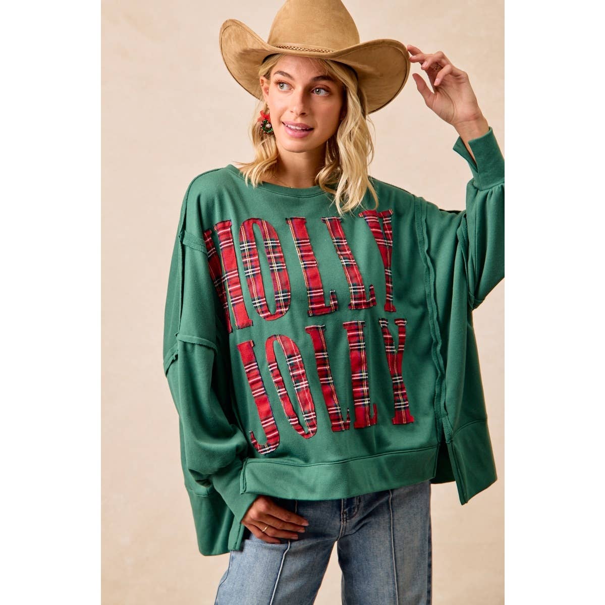 Pick Up - CHRISTMAS PLAID HOLLY JOLLY LETTERING SWEATSHIRT