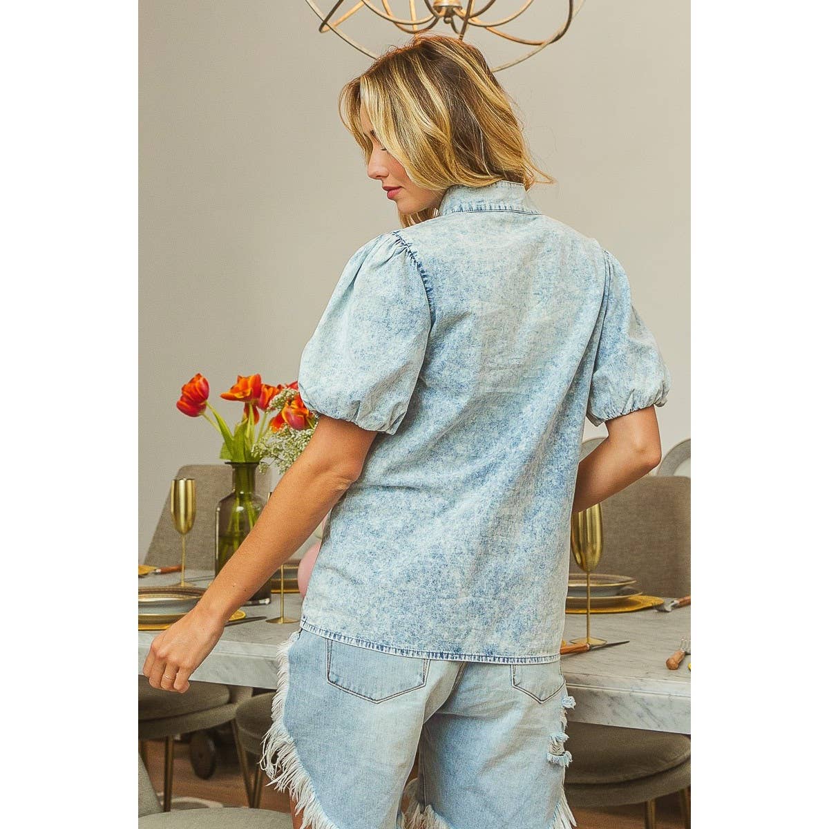 Pick up - MINERAL WASHED BUTTONED UP SHIRT WITH PUFF SLEEVES