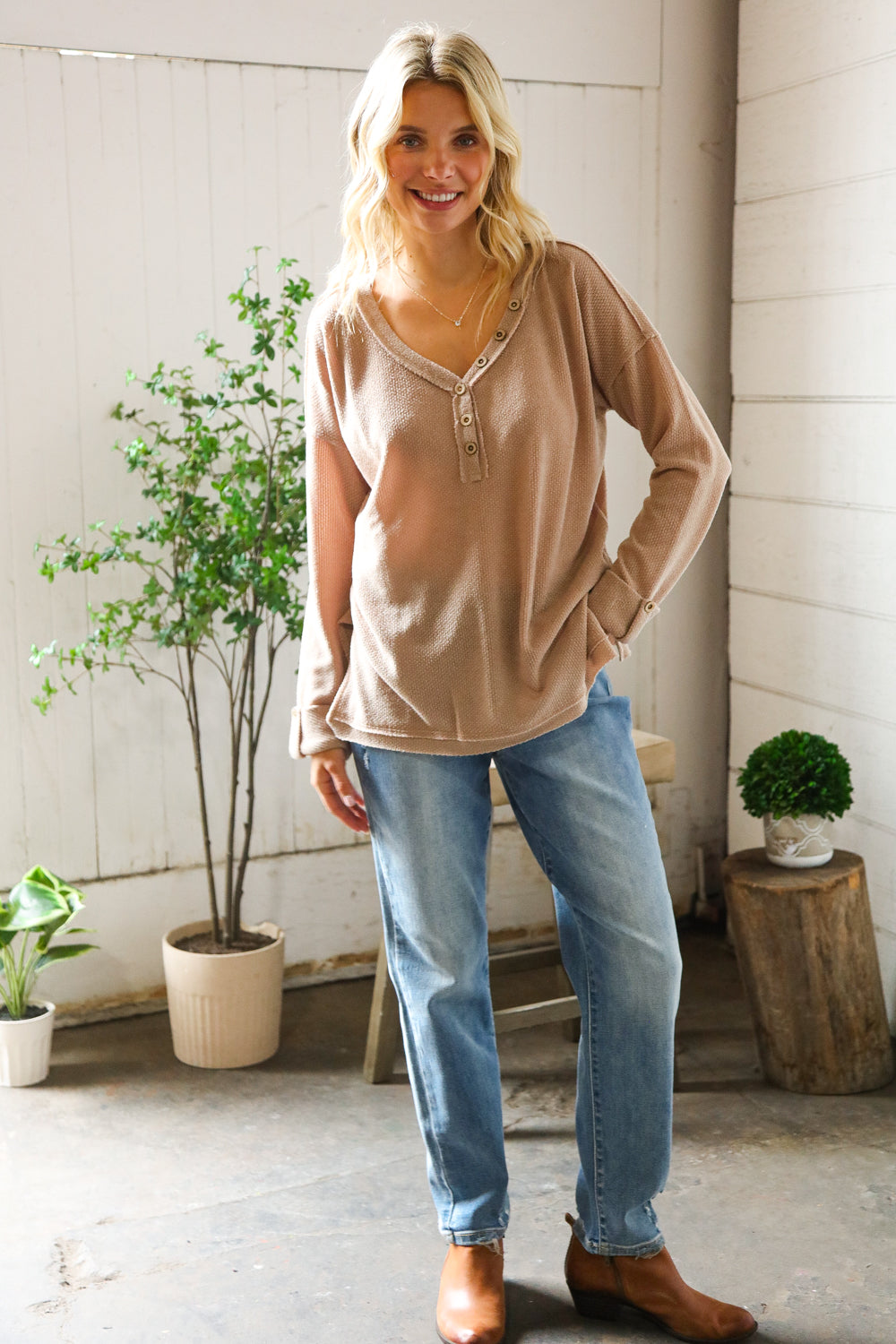 Pick Up - Casual Living Brown Henley Cuff Sleeve Side Slit Pullover