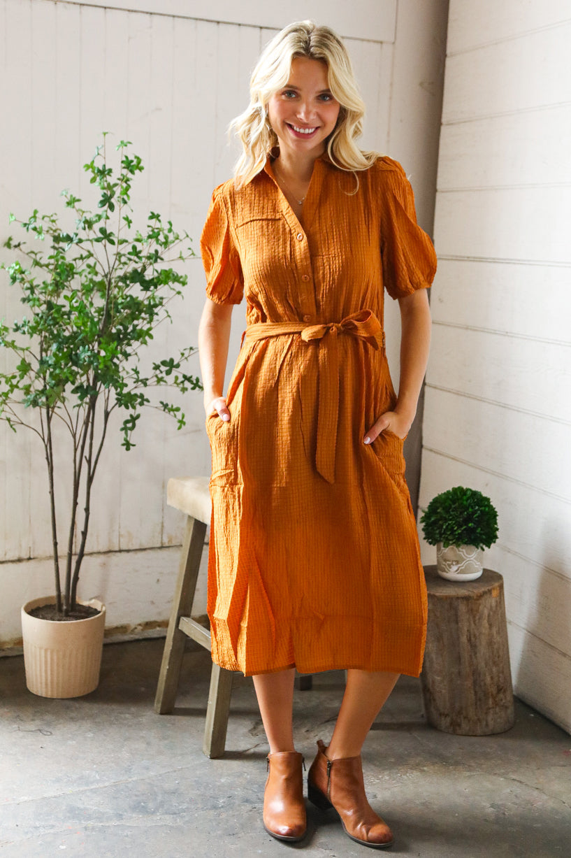 Pick Up - Elegant You Rust Textured Short Sleeve Tie Belt Dress