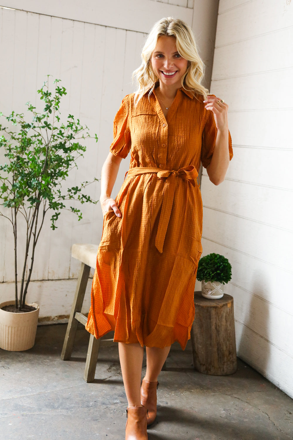 Pick Up - Elegant You Rust Textured Short Sleeve Tie Belt Dress