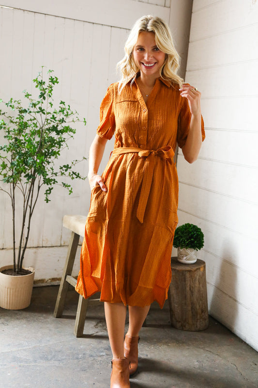 Pick Up - Elegant You Rust Textured Short Sleeve Tie Belt Dress