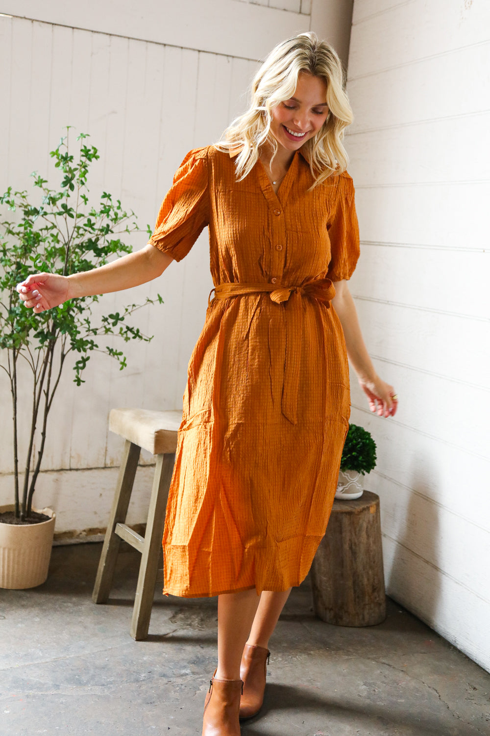 Pick Up - Elegant You Rust Textured Short Sleeve Tie Belt Dress