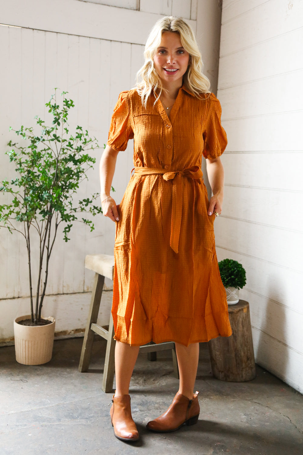 Pick Up - Elegant You Rust Textured Short Sleeve Tie Belt Dress