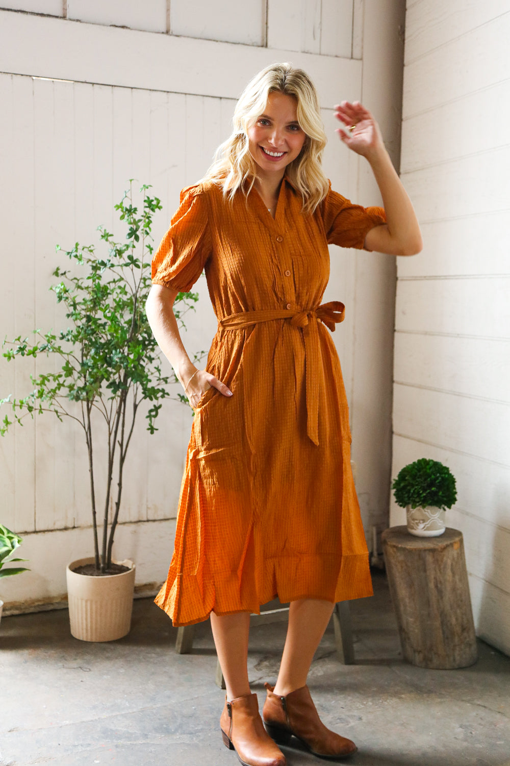 Pick Up - Elegant You Rust Textured Short Sleeve Tie Belt Dress