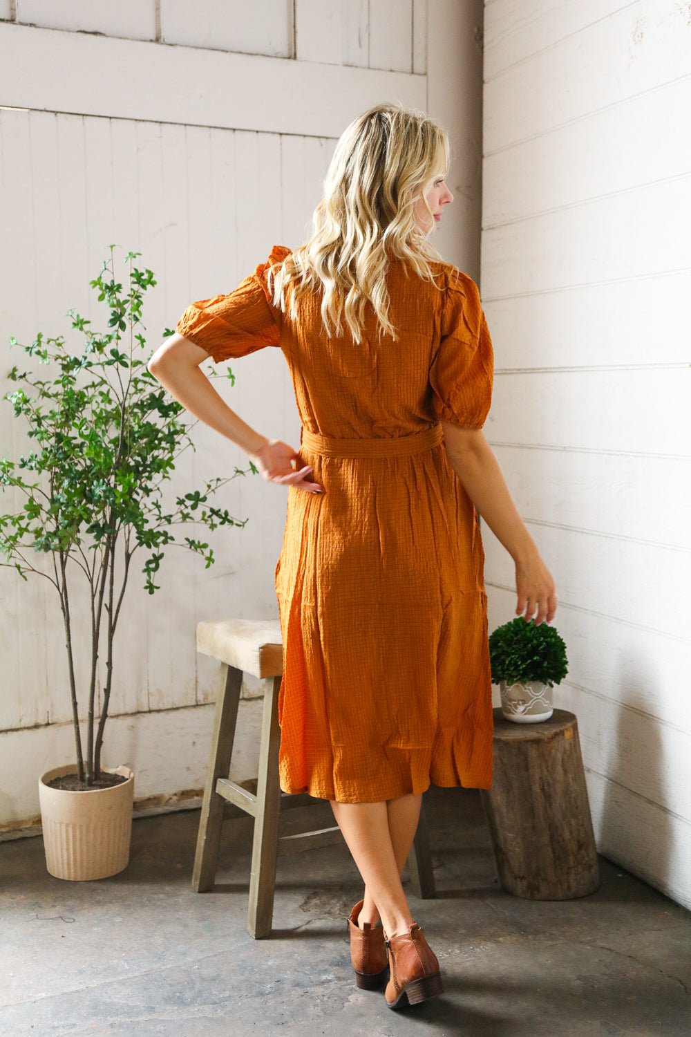 Pick Up - Elegant You Rust Textured Short Sleeve Tie Belt Dress