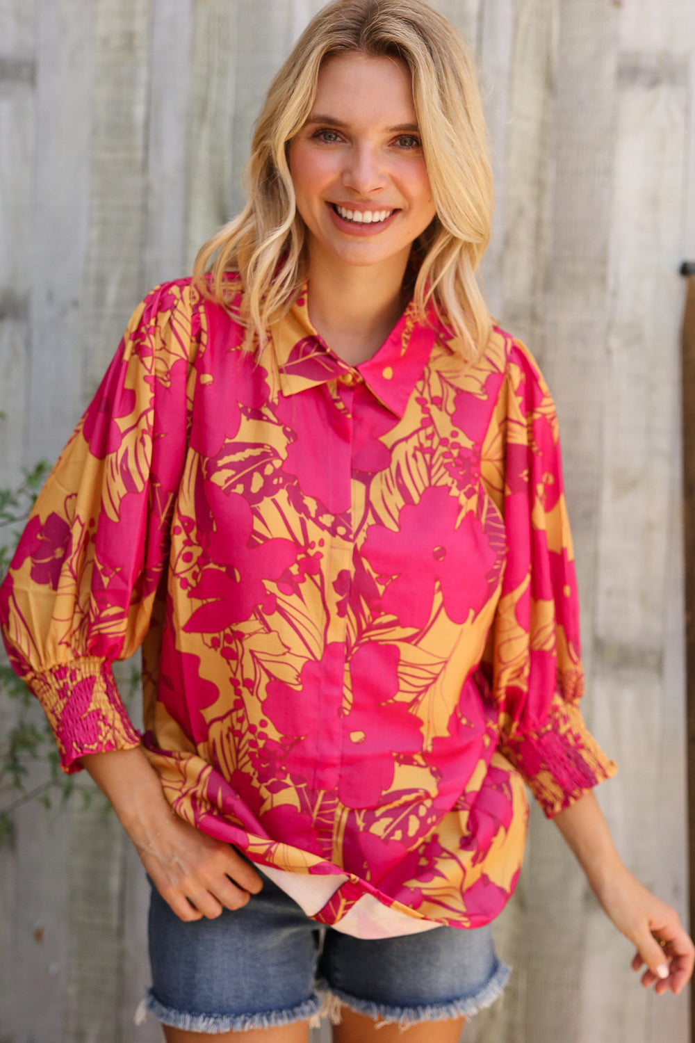 Elegant In Fuchsia Satin Button-Down Smock Long Sleeve Blouse