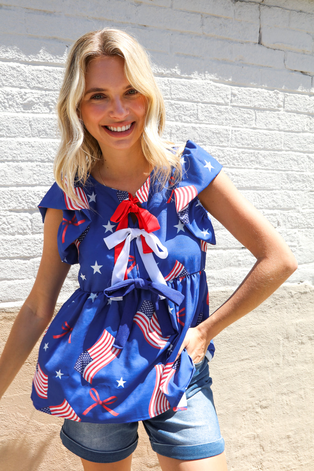 American Flag Blue & Red Stars & Bow Print Woven Top