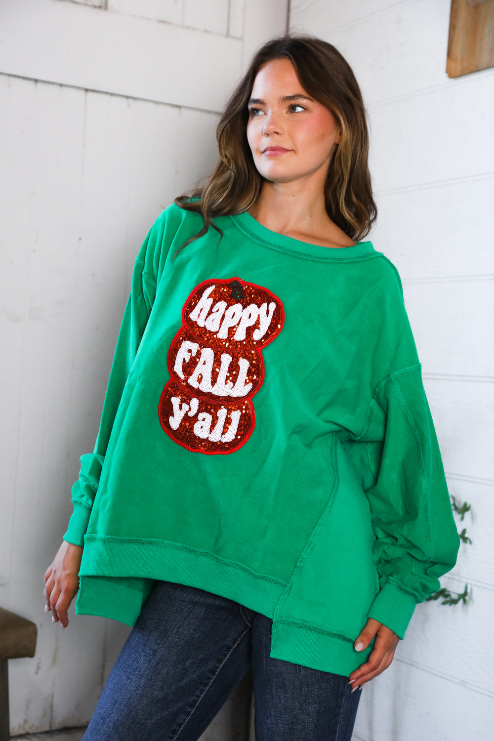 'Happy Fall Y'all' Kelly Green Sweater