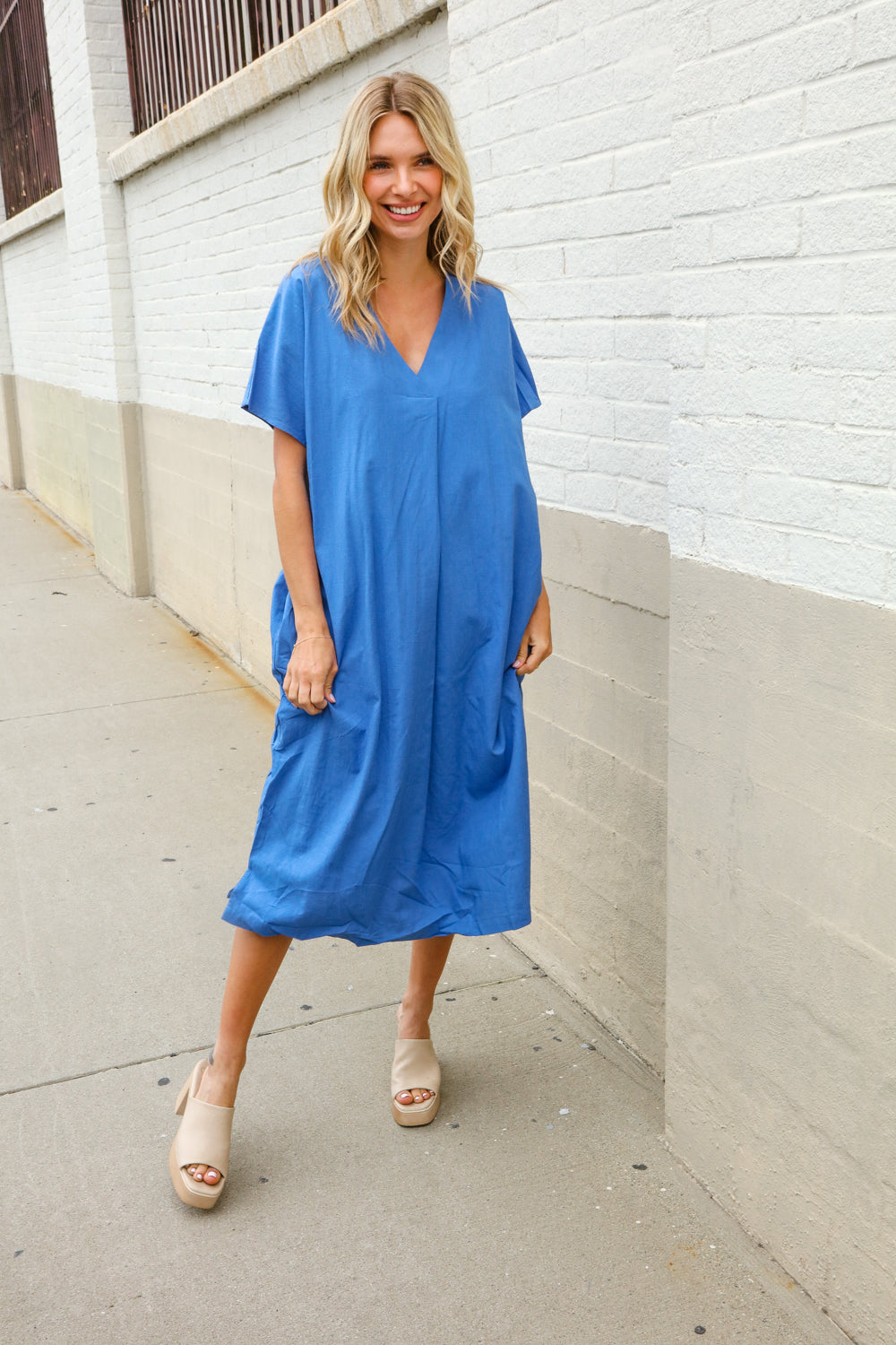 Casual Chic Blue Cotton V Neck Pocketed Midi Dress