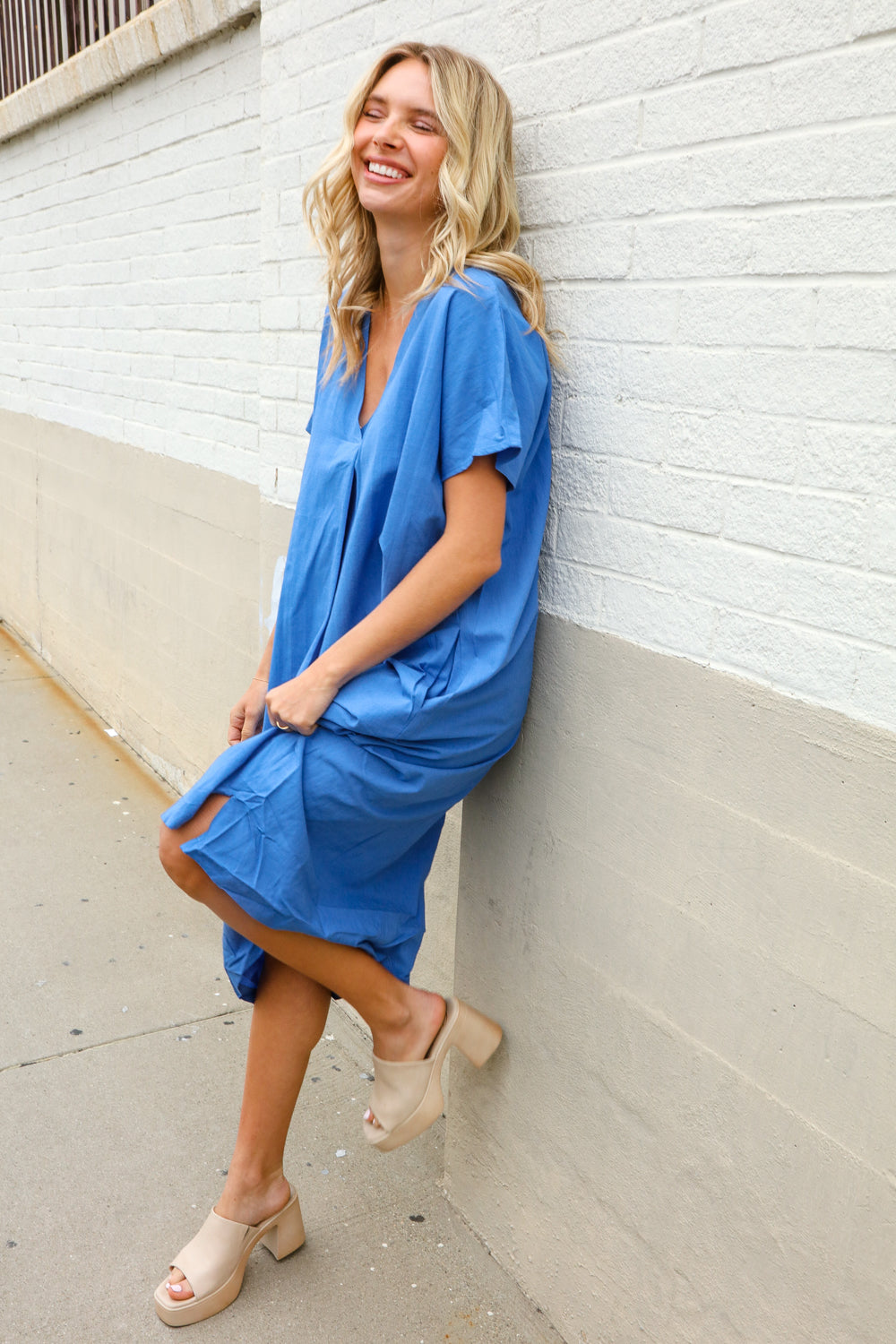 Casual Chic Blue Cotton V Neck Pocketed Midi Dress