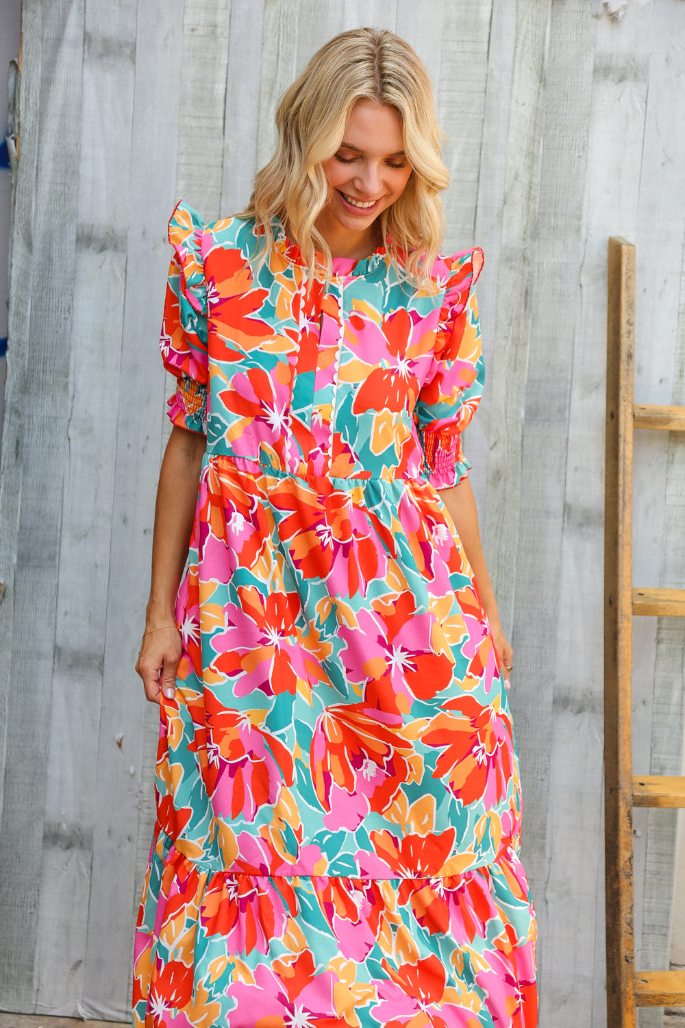 Dazzle In Orange & Aqua Floral Smocked Notched Neck Midi Dress